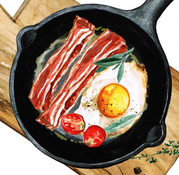 Watercolour of a fried breakfast in a pan with egg, bacon, tomato