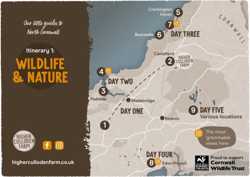 Simple map of north Cornwall showing the route and locations mentioned