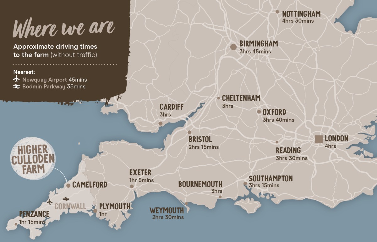 A map showing driving times from major cities in UK to Camelford