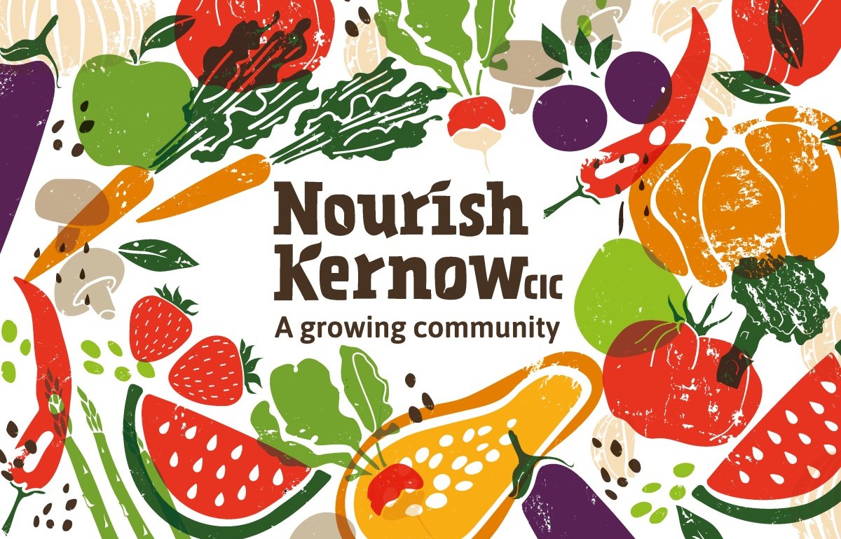 The title Nourish Kernow sits in the middle of lots of brightly coloured illustrated vegetables to imply the community market garden grows lots of different things.